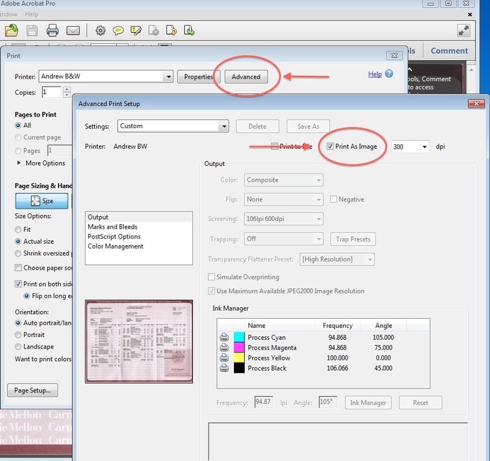 To reprint the document, open the PDF in Adobe Acrobat and press Print. In the printer dialog box, select Advanced and make sure the "Print As Image" box is checked. Press OK.