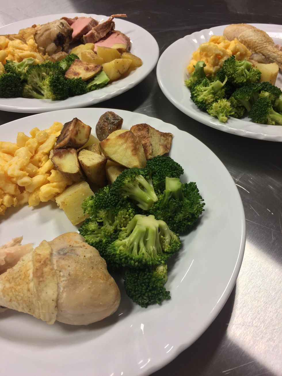 To rethermalize foods you will need to plate all of your cooked foods cold. Once plated, let the plates of food sit at room temperature for 5 - 10 min to temper the plates.