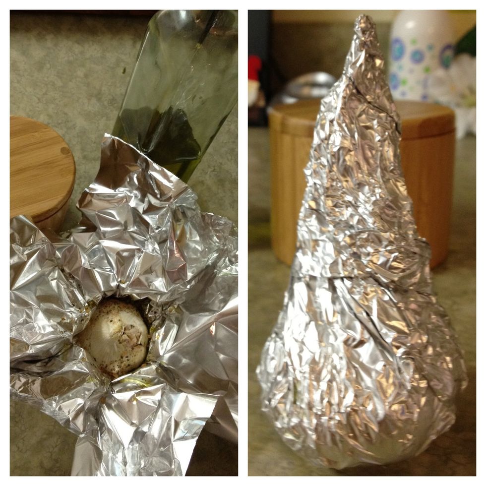 to roast garlic, use a piece of aluminum foil, and put the whole head of garlic into the center. form a cup around it, drizzle with oil and spices (we just used salt & pepper.) twist the top.