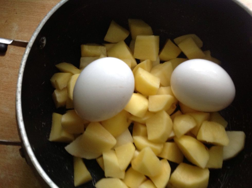 To save time and washing up, rinse off your eggs and add to the same pot of spuds to boil together. Add a pinch of salt
