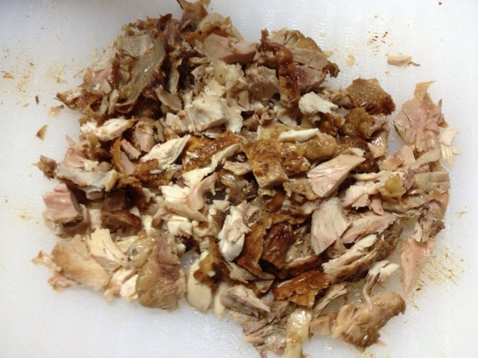 To save time, buy a roasted chicken from the deli. You can also use leftovers (chicken/turkey)! Peel it and roughly chop it