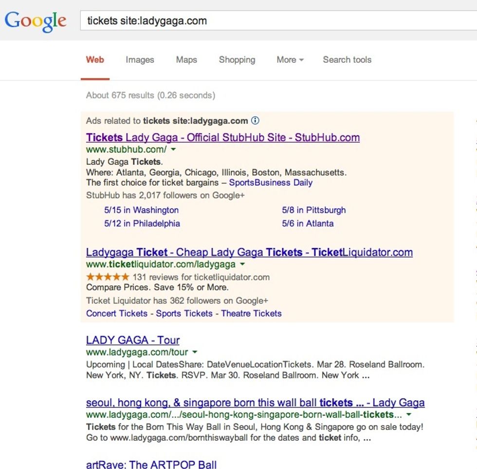 To search within a site or domain, first type what you are looking for then the operator "site:___________" as you can see here, results for information on tickets mentioned on Lady Gaga's website.