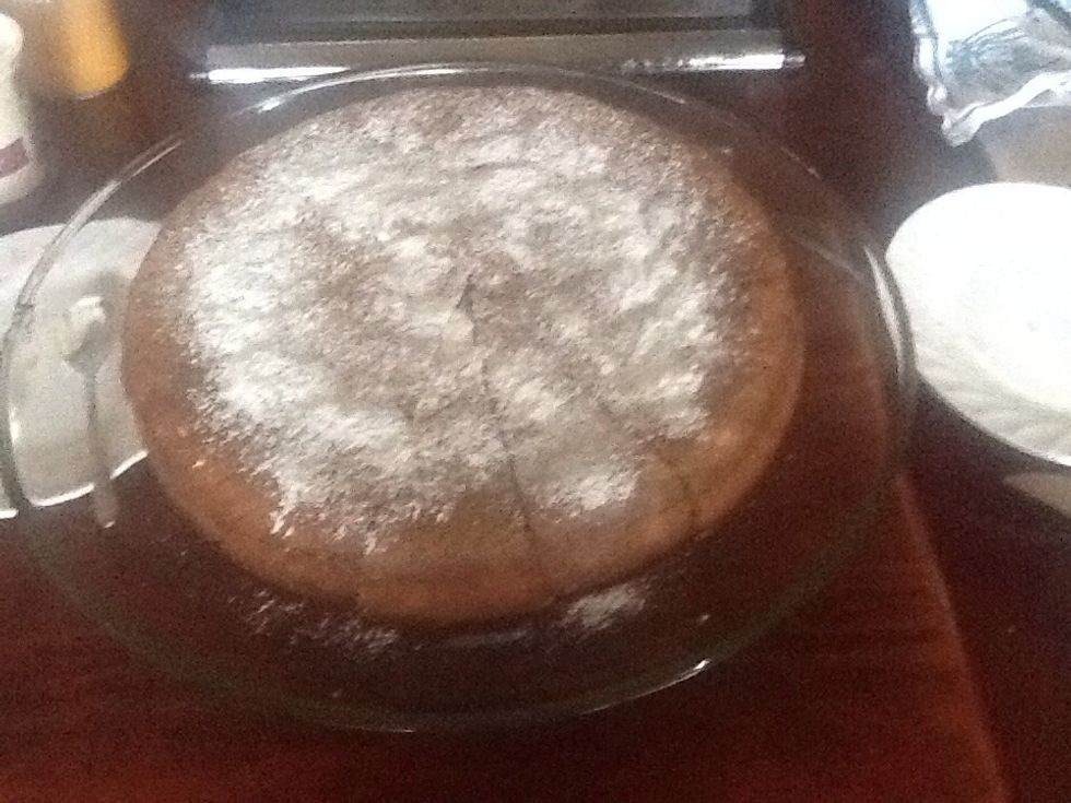 To serve, dust the cake with a little icing sugar and serve slices with a dollop of marscarpone and a little mint.