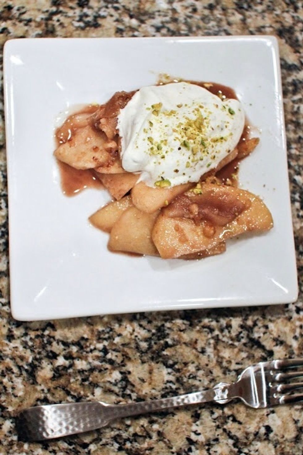 To serve, pile the apple mixture on a small plate and top with a dollop (love that word) of the unsweetened pistachio cream. This recipe serves 6 people.