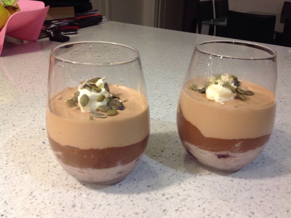 To serve, top with double cream and sprinkle with pumpkin seeds and sunflower seeds. Enjoy!