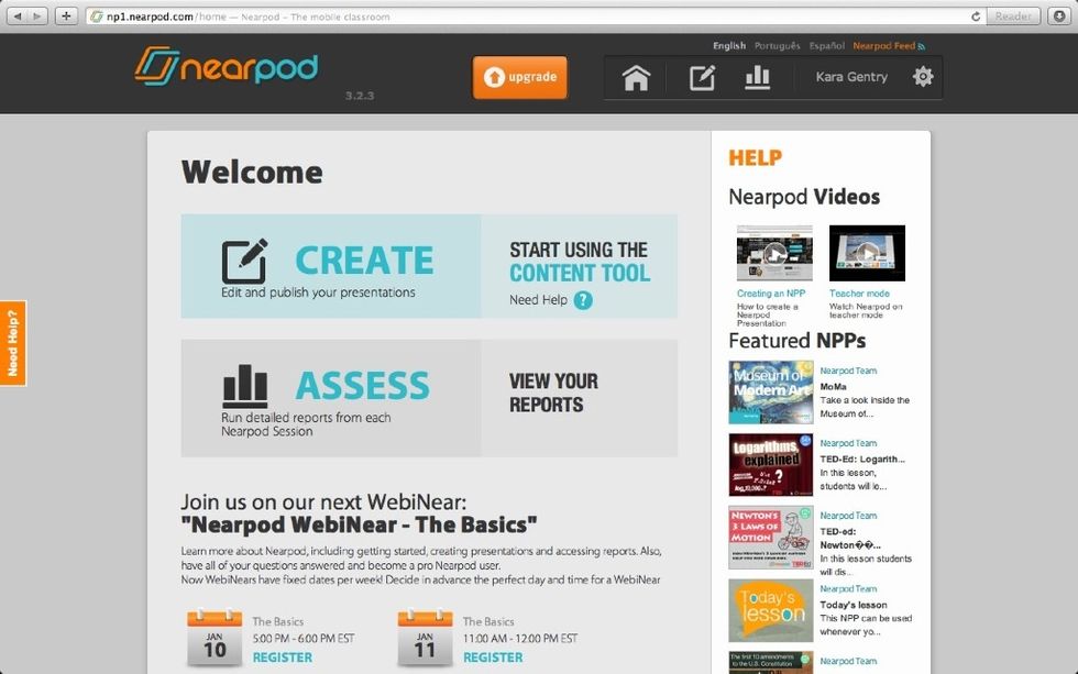 To share presentations from the online version of Nearpod, login to your account at Nearpod.com. Then click Create to access your Nearpod library.