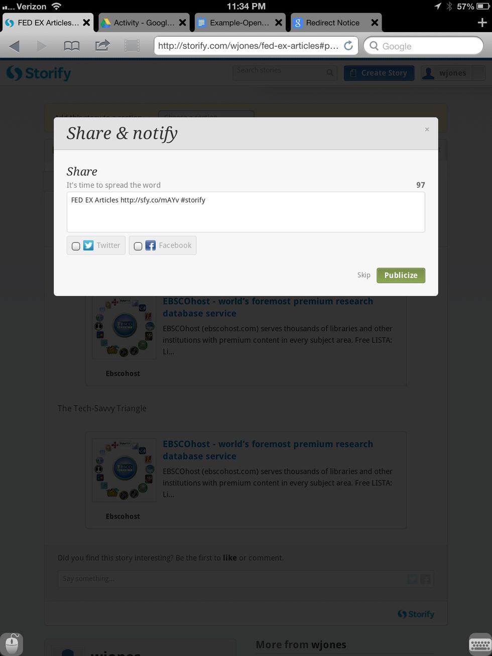 To share the Storify articles, select publish on the top navigation bar. Select skip if you do not wish to share through social media.
