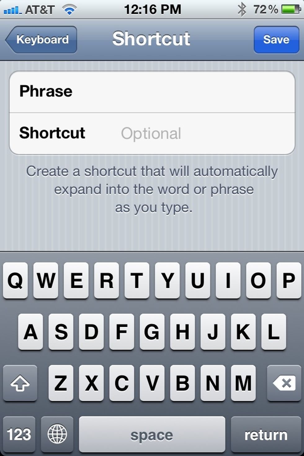 To show you how it looks, tap Add New Shortcut and this screen should appear.