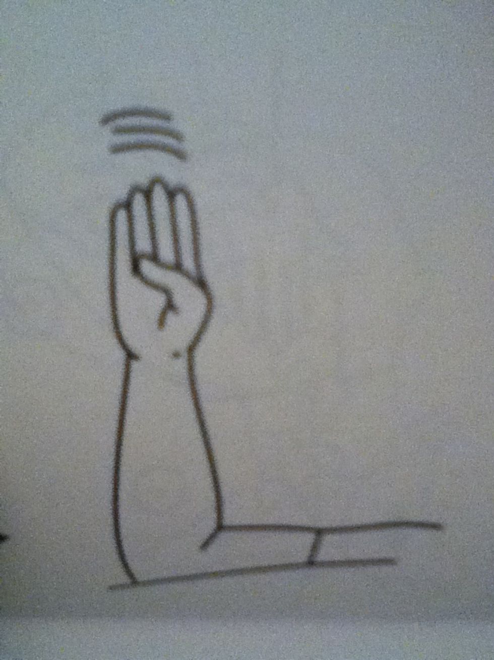 To sign "blue," make the hand shape for the letter "B" (as shown,) then twist your wrist back and forth.