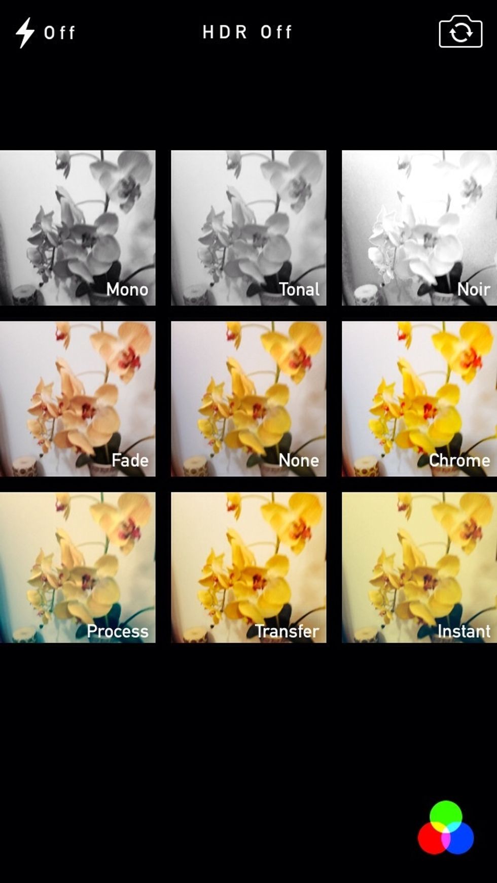 To snap & give your pictures the Instagram type effect, you have the option to select from 8 different filters. Just click on the filter button located on the bottom right conner of the camera screen.
