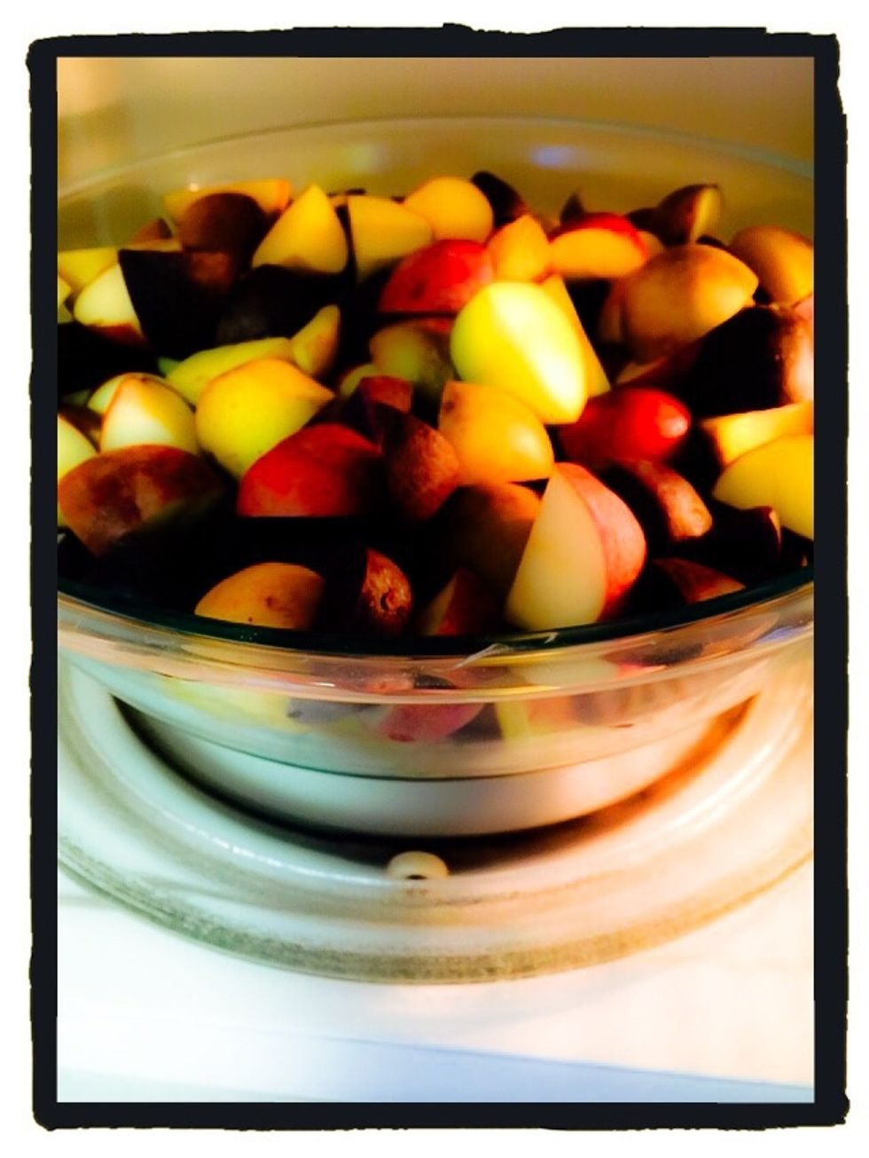 To speed the roasting I microwave the potatoes for 10 minutes then mix and microwave for another 5 minutes