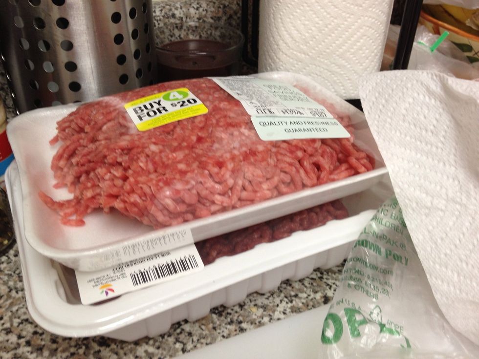 To start get everything ready. We are making a lot so we have two pounds of ground beef. I prefer the 90%, but 80% will work too.