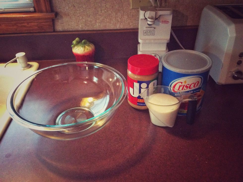 To start, you will need a large bowl, 1 cup of peanut butter, 1 cup of sugar, and 1 cup of shortening (I recommend Crisco, but you can use any type you would like).
