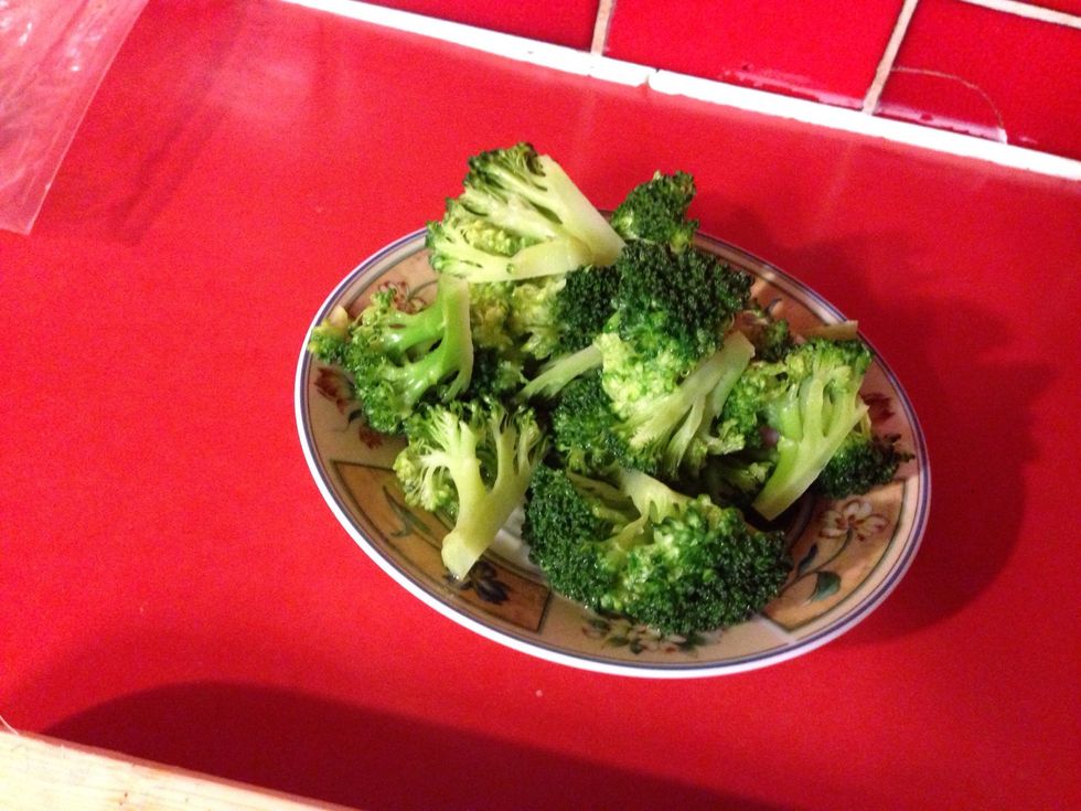 To steam the broccoli, place in a colander or steamer over a pot of boiling water and cover. It should take around eight minutes. Test with a fork.