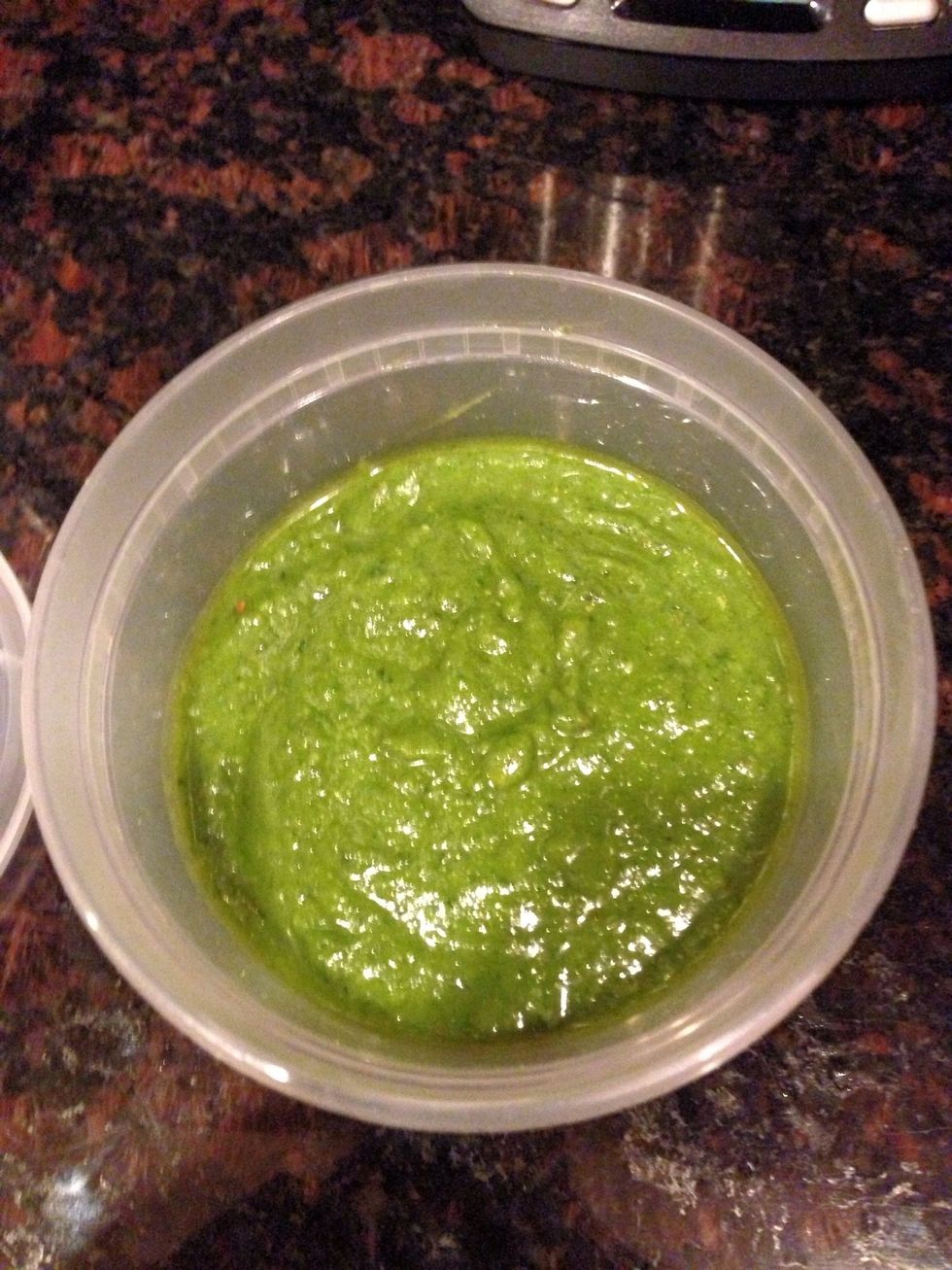 To store, refrigerate in an airtight container with a few tablespoons of olive oil on top. The pesto will keep for about two weeks.