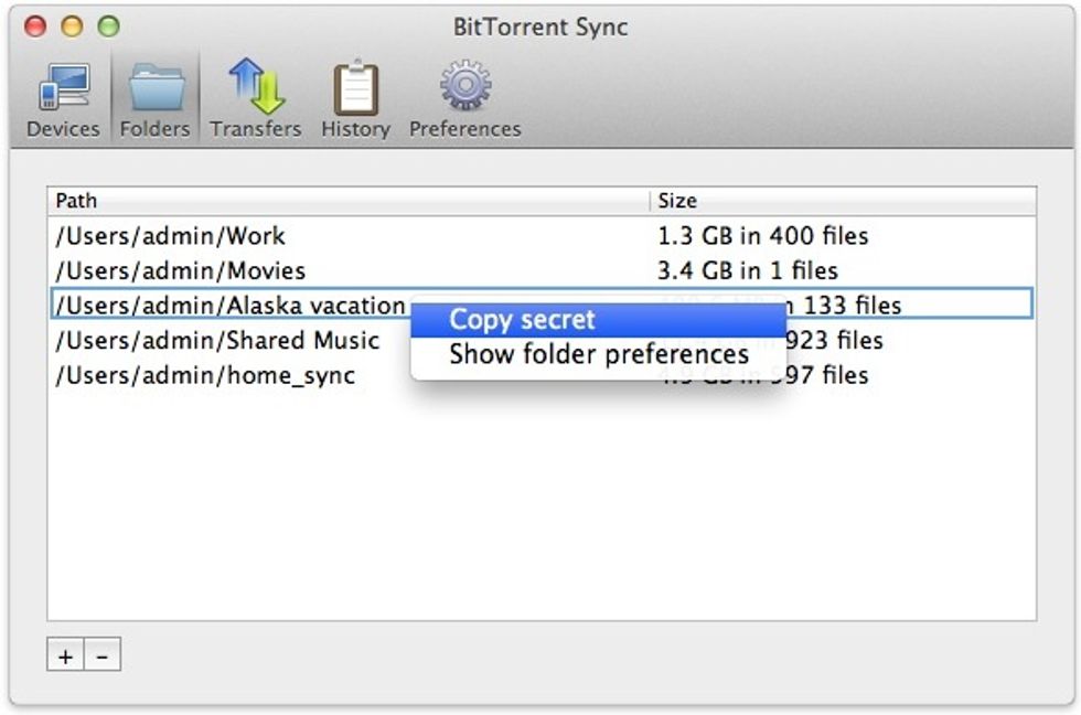 To sync this folder on another device, simply copy the secret and paste it on the other device into BitTorrent sync and (surprise) choose a folder. Both machines will instantly start syncing!