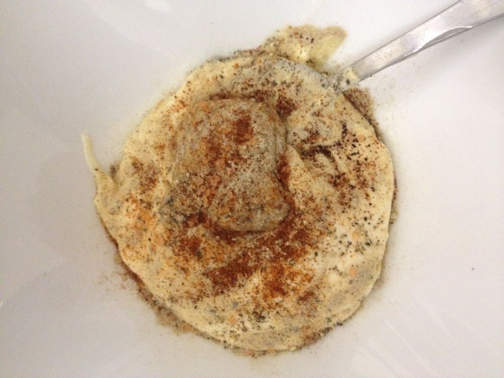 to taste, add: Dijon mustard, salt, pepper, white peppercorn, paprika, garlic, and chili powder. mix and refrigerate.