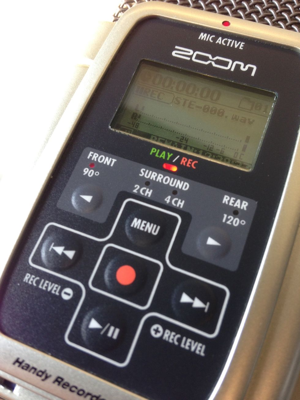 To test audio levels, first put the recorder in Standby mode by pressing the red Record button once. There should now be a blinking red light. Adjust the levels using the Rewind and Fast-forward keys.