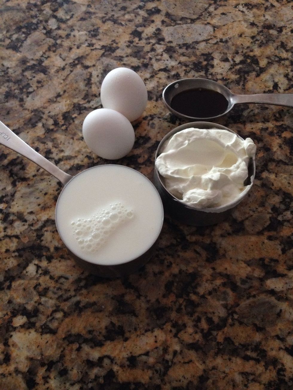 To that add: 1 cup whole milk, 1 cup sour cream, 2 eggs and 1 TB vanilla