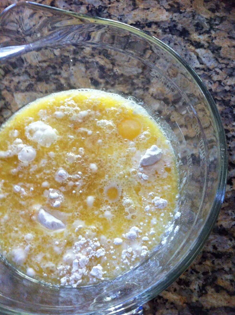 To that add: 2 eggs, 1 cup milk, 1 stick melted butter, 2 tsp vanilla. Mix well