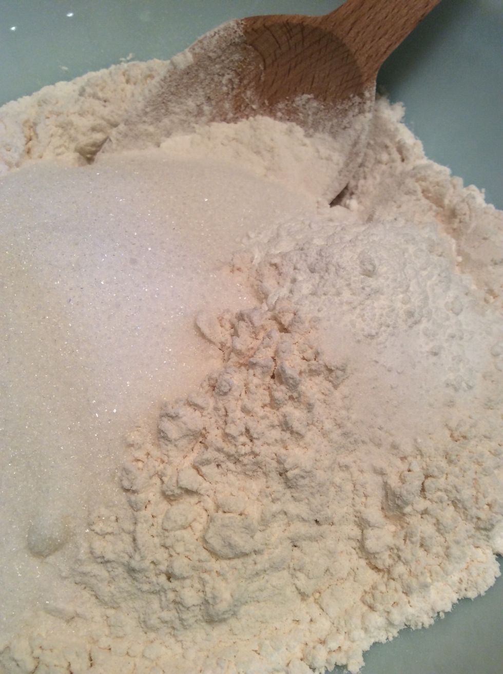 To the flour add; 1/2 cup sugar, 1/2 tsp baking soda, 2 tsp baking powder and 1/2 tsp salt.