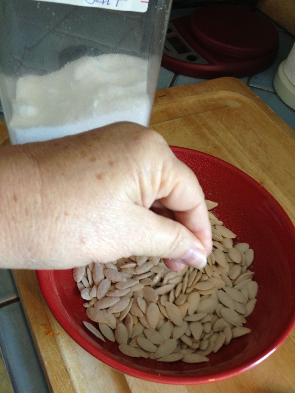 To the oiled pumpkin seeds, add salt\u2026
