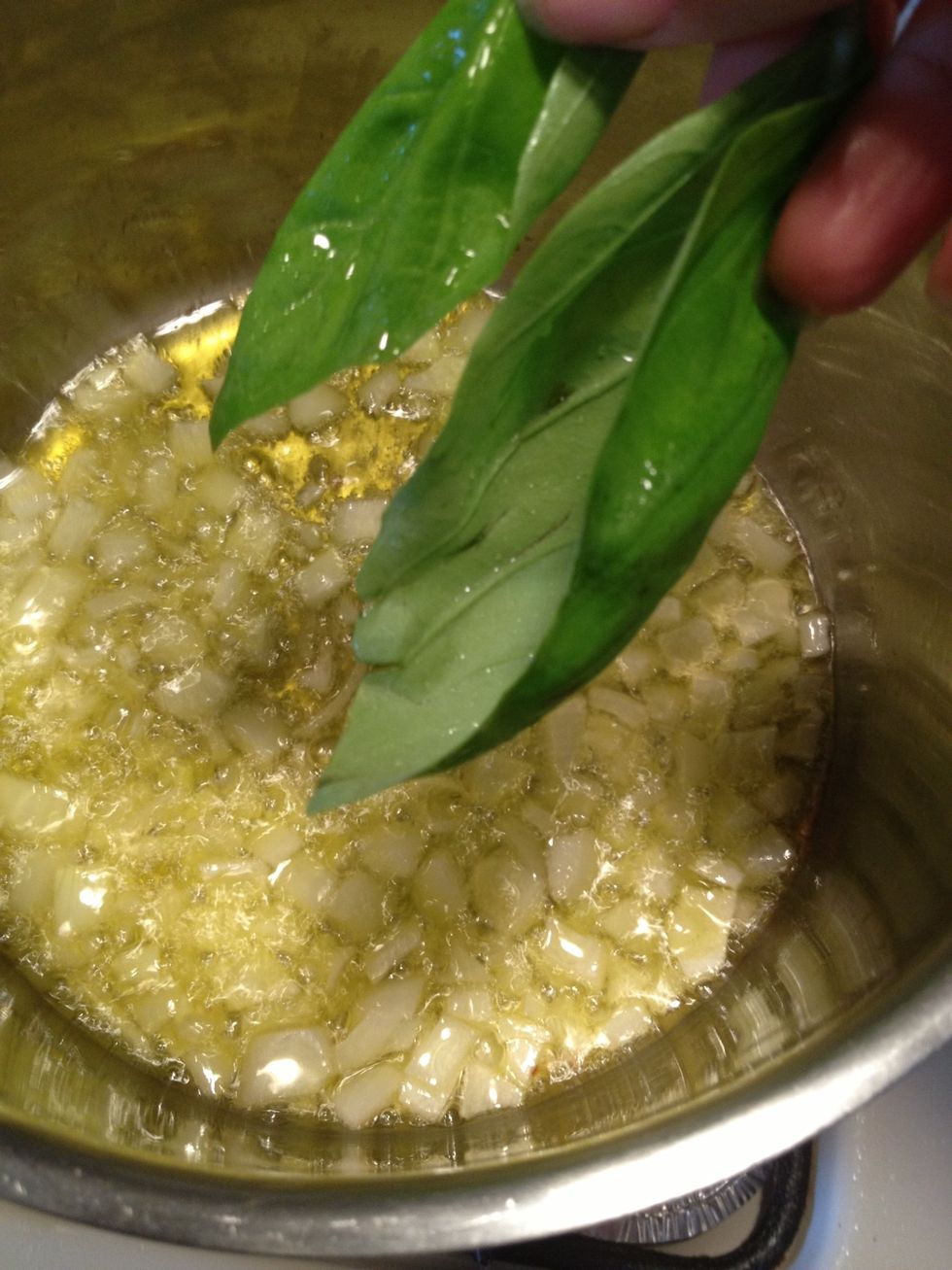 To the onions let's add a sprig or two of basil. I like to add it to the oil because it flavors the oil nicely