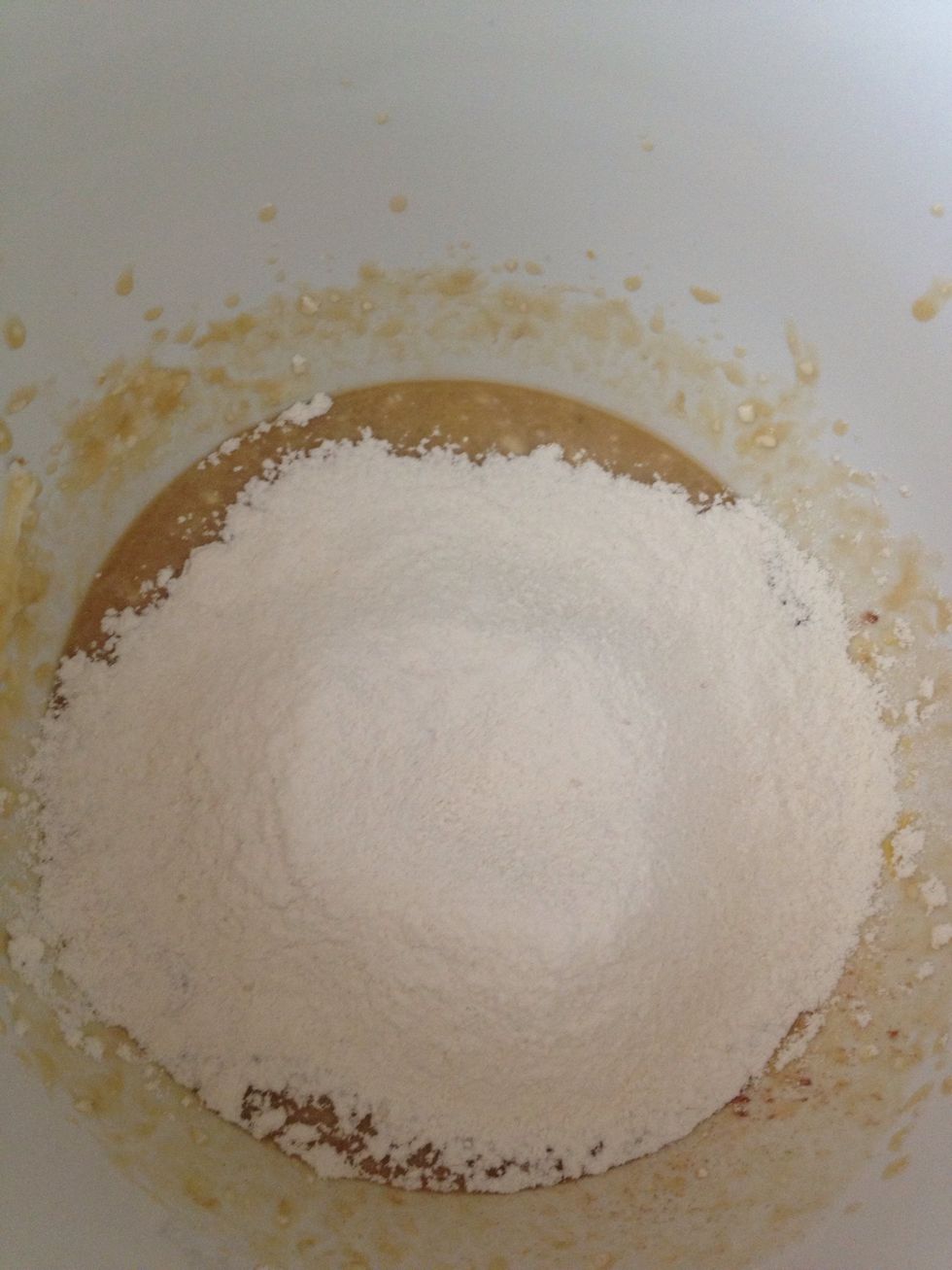 To the remaining batter in the main bowl add flour mix