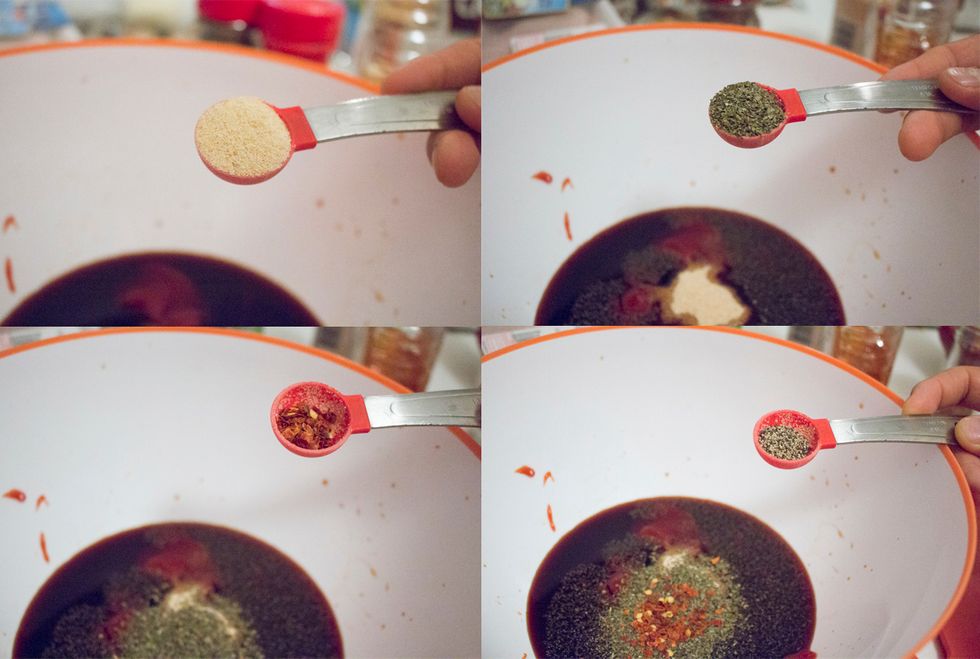 To the soy sauce mixture, add 1 tsp garlic powder, 1 tsp basil, 1/4 tsp red chili flakes and 1/4 tsp ground black powder.
