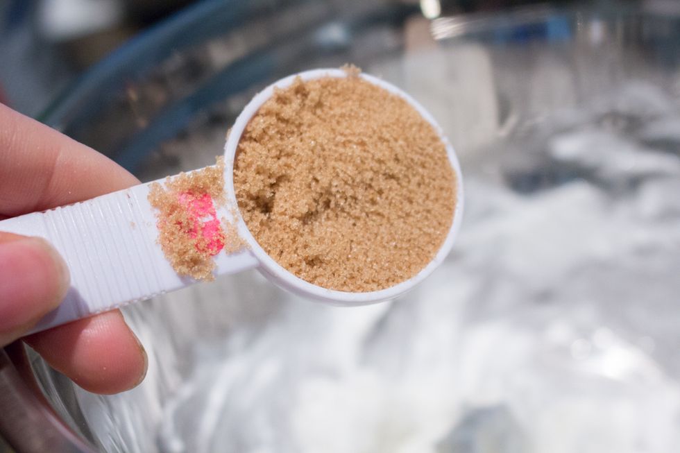 To this vegetable shortening mixture, add brown sugar.