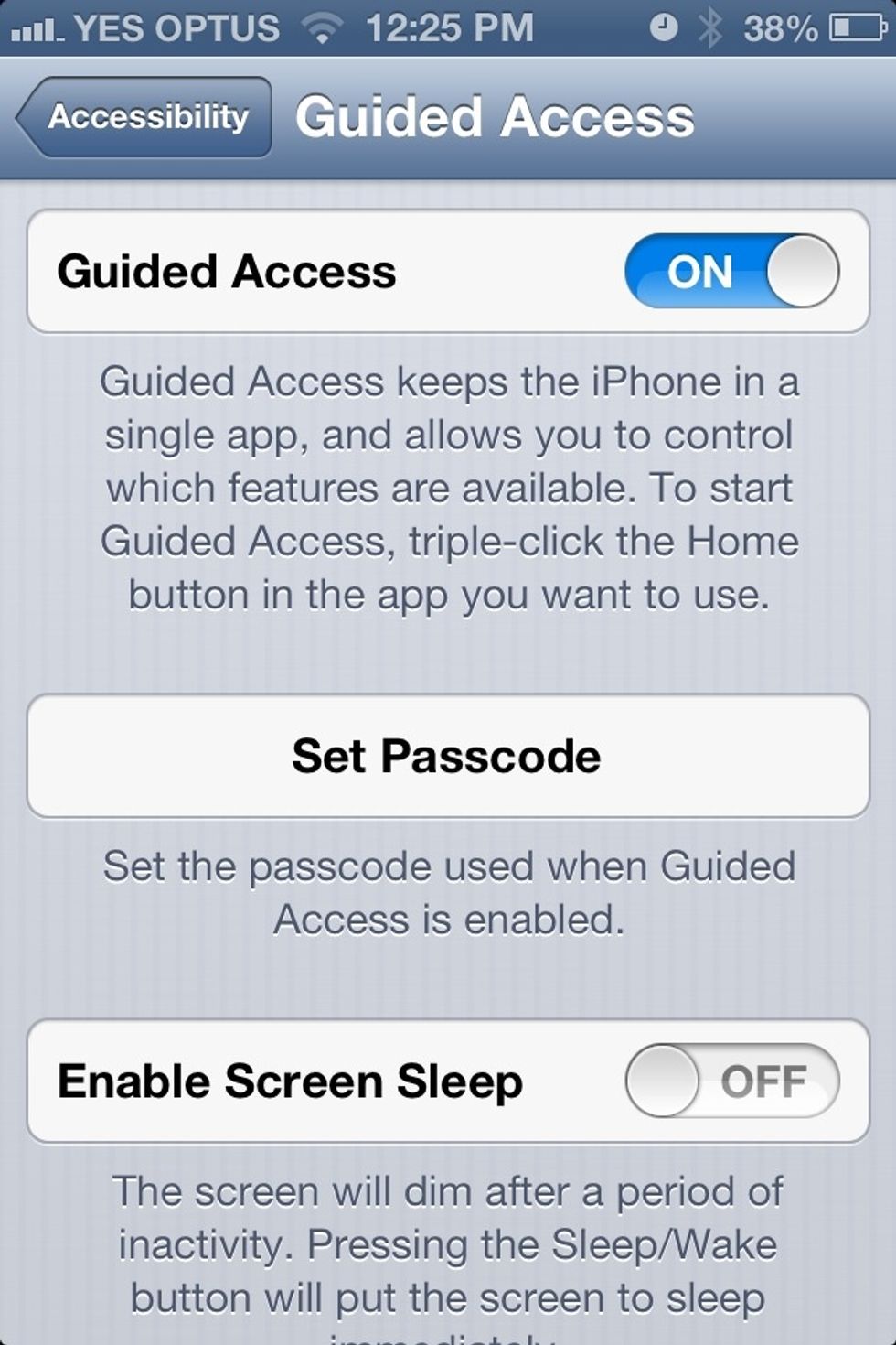 To turn on turn on Guided Access, navigate to Settings > General > Accessibility > Guided Access  To activate it Triple Click the home button.