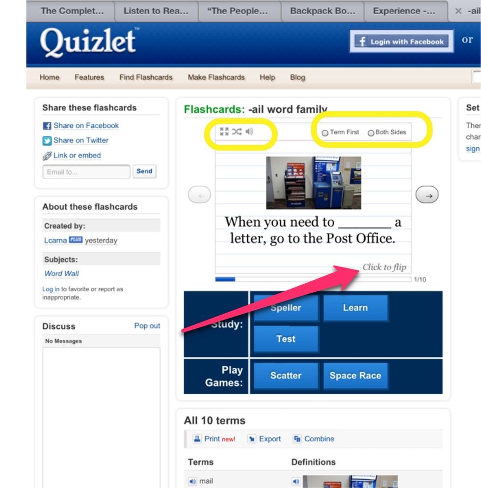 To use Flashcards, unclick "Both Sides" then click on the speaker to hear your first clue. Spell your word out loud & flip your card to check yourself.