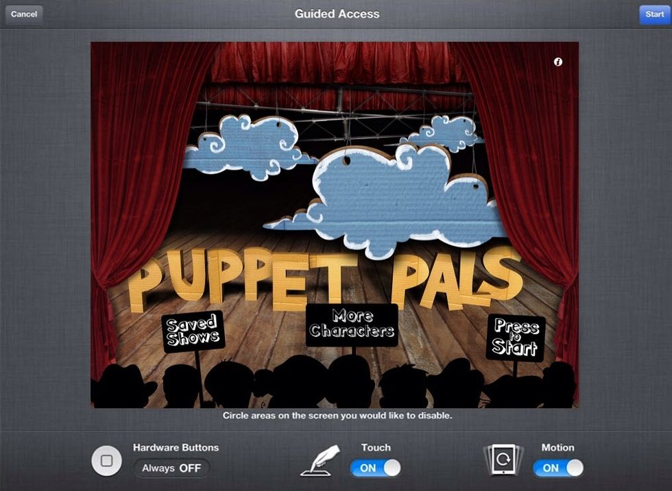 To use guided access triple click the Home button in the app you want to use. Tap Start. To turn off the Guided Access Feature, triple click the home button and enter your Guided Access passcode.