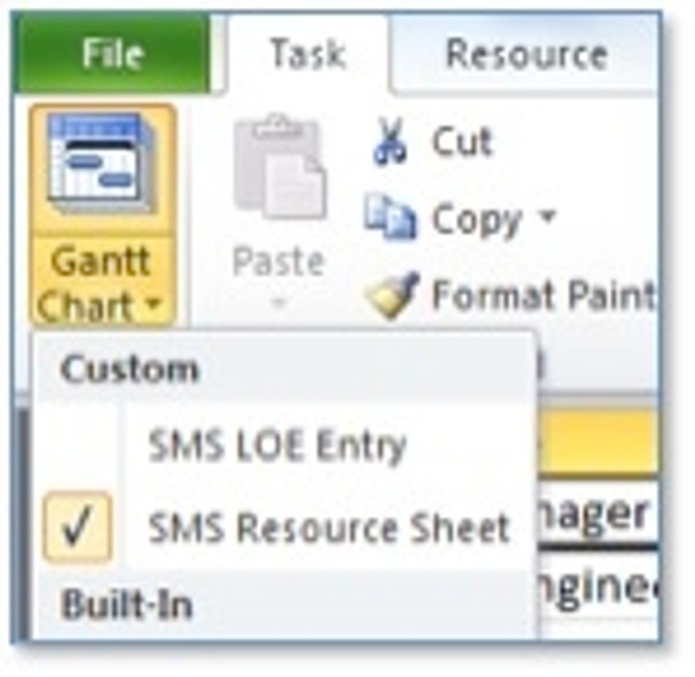 To view the specific resources assigned to the project, select the SMS Resource Sheet from the Gantt chart drop down