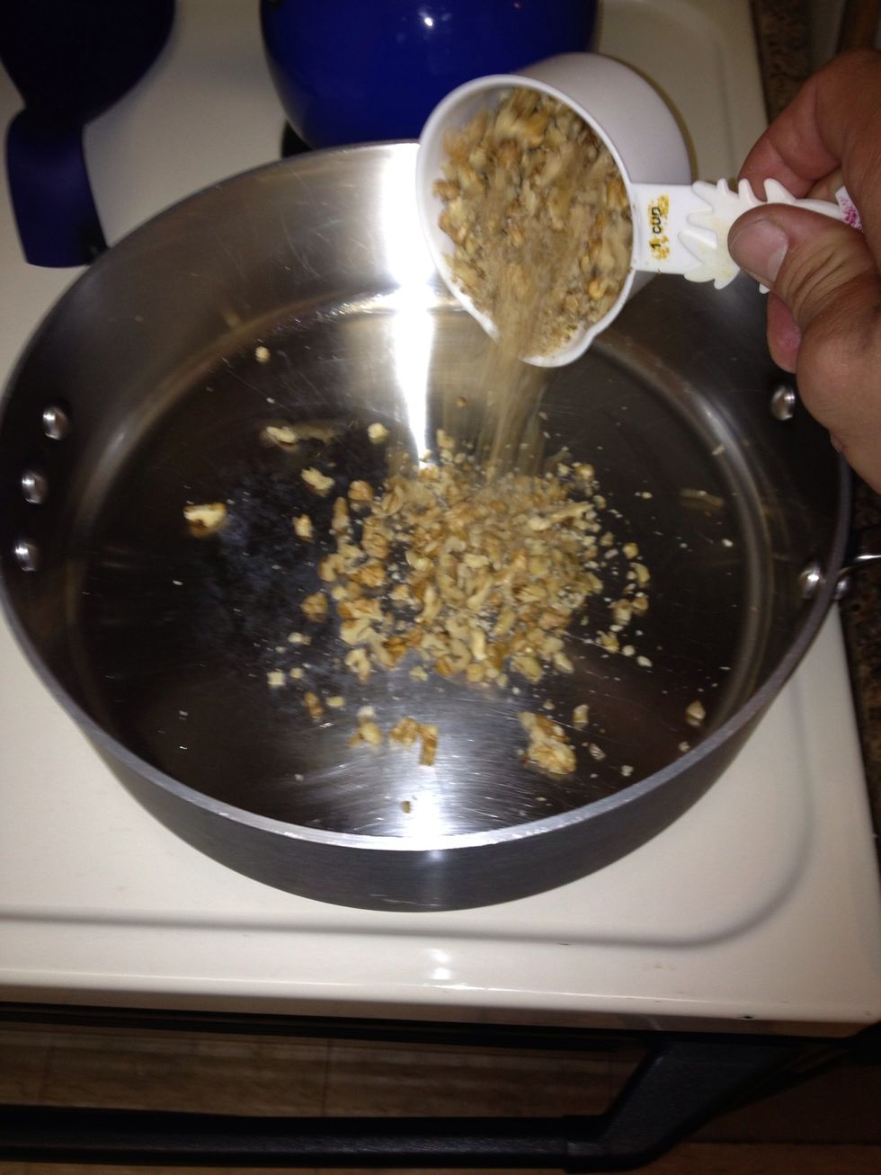Toast 1 cup walnut pieces in a dry pan, or in a 350 oven on a cookie sheet for 5-10 min.