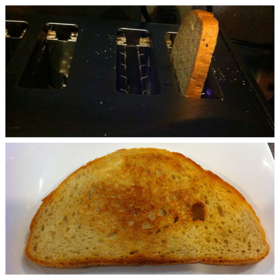 Toast bread in a toaster or oven.