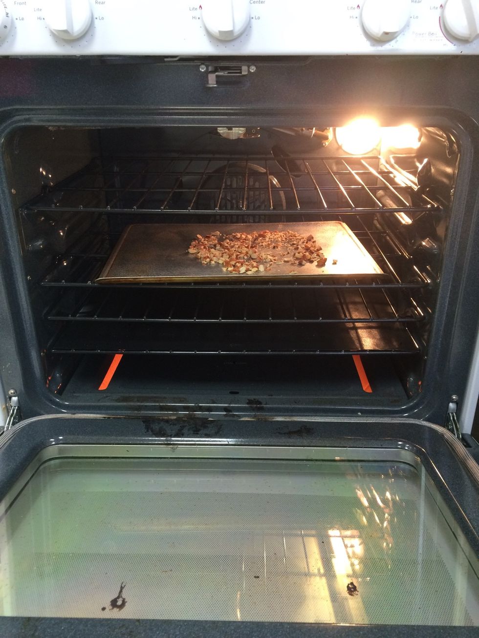 Toast chopped almonds at 250 degrees for 5 minutes or until golden brown.