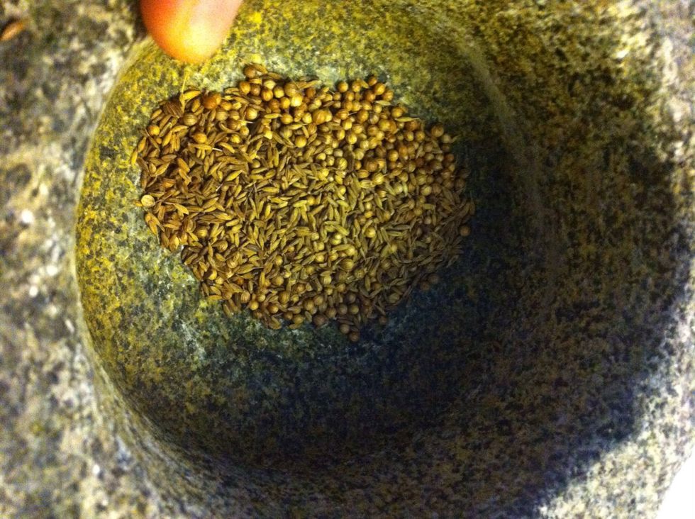 Toast coriander and cumin seed in a dry skillet and then add to the mortar.