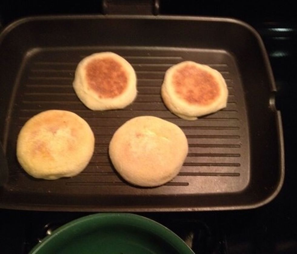 Toast up the English muffin. I like to use a griddle pan to make them nice and crispy.