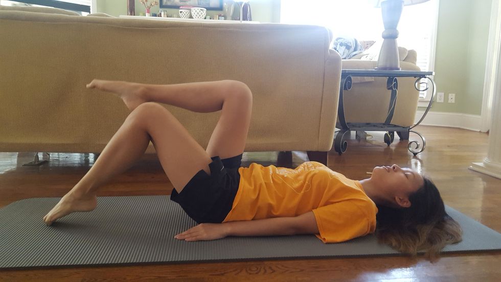 Toe taps (continued). Alternate legs. If this is too easy, lift your head and shoulders off the ground. You should be in a crunch position while doing the toe taps. Repeat for 3 sets of 3 minutes.