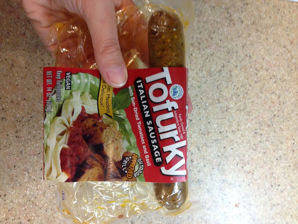 Tofurky sausage. I only had one left, but use can add more in. You can substitute any meat in for the tofurky. Ignore the fact that its Italian sausage I'm putting into my Asian noodles :)