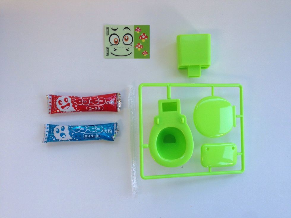 Toilet parts, Stickers , Straw and 2 Packets of foaming liquid -- RED Cola Flavor BLUE Ramune Soda Flavor