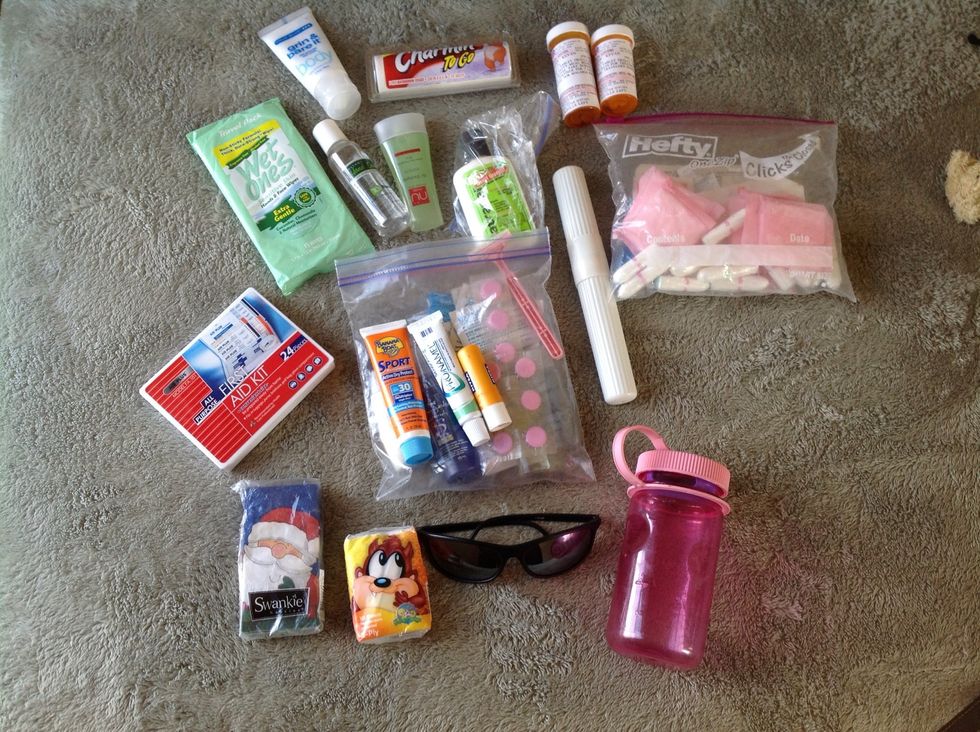 Toiletries... sunblock, toothpaste, toothbrush, Chapstick...pack liquids and gels in a quart Ziploc bag. Ladies, don't forget to bring your feminine hygiene products.