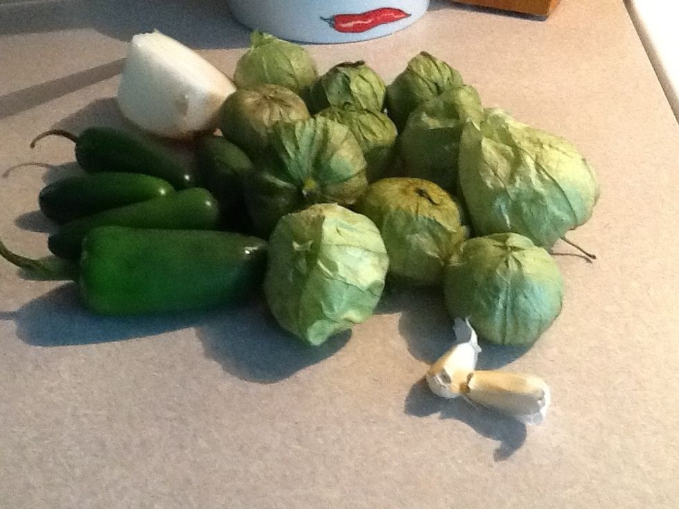 Tomatillos,Chiles,garlic,onions