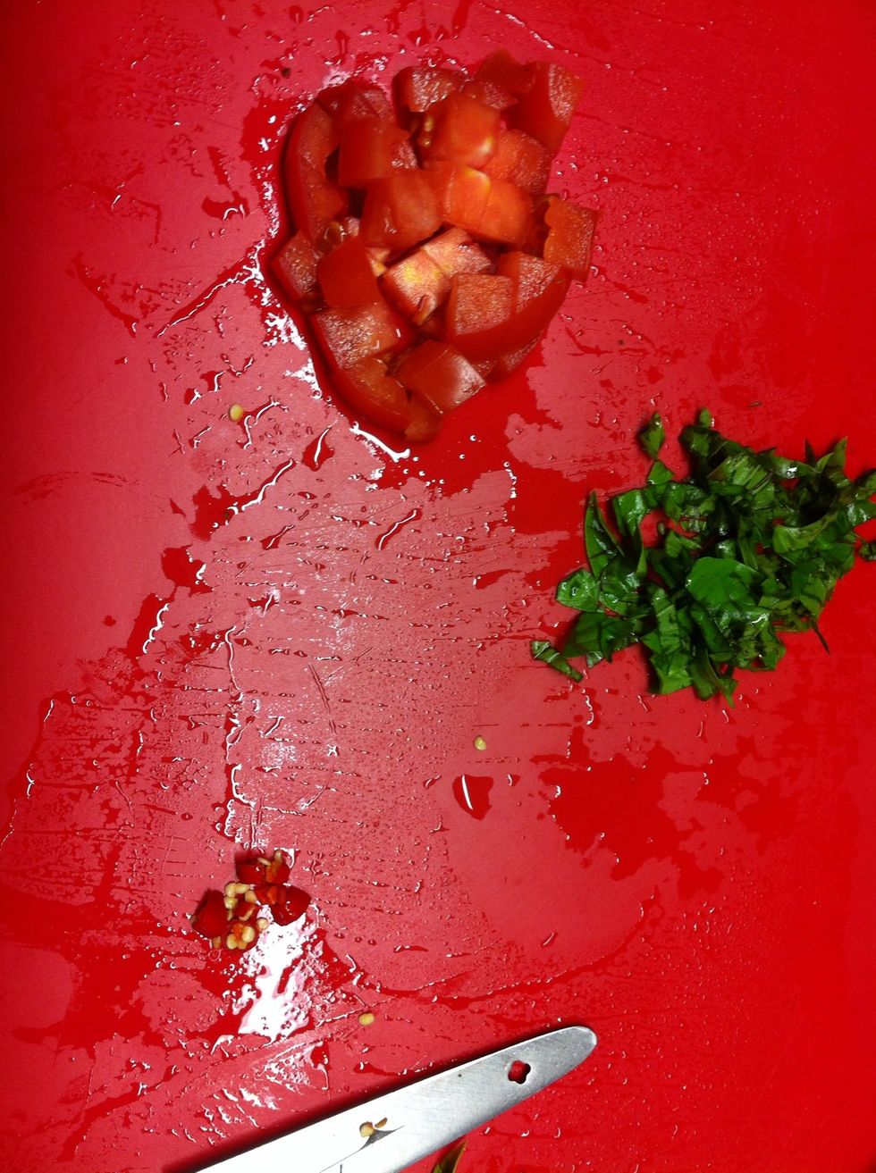 Tomato Salsa finely chop basil, chili and dice the tomatoes
