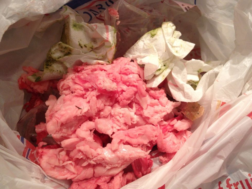 Took about an hour to remove the fat. In the top centre of the roast, you'll find the rib cap, a layer of fat that connects the eye with the cap. I removed it and stitched the two pieces with twine.