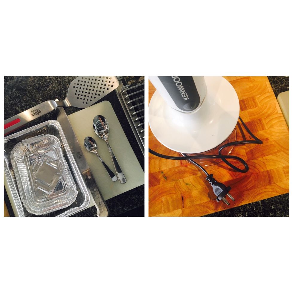 Tools:4xgrill forms,spatula, tablespoon,teaspoon,knife,chopping board,blender+a grill/a griddle pan.(Using a griddle pan: put veg in the pan separately) Heat until grill marks appear Grill(next step)