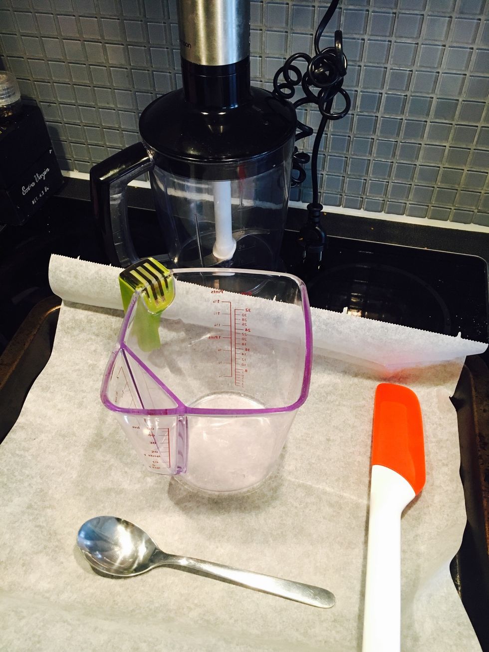 Tools: blender, measuring jug, tablespoon, spatula, baking tray, ovenproof baking paper