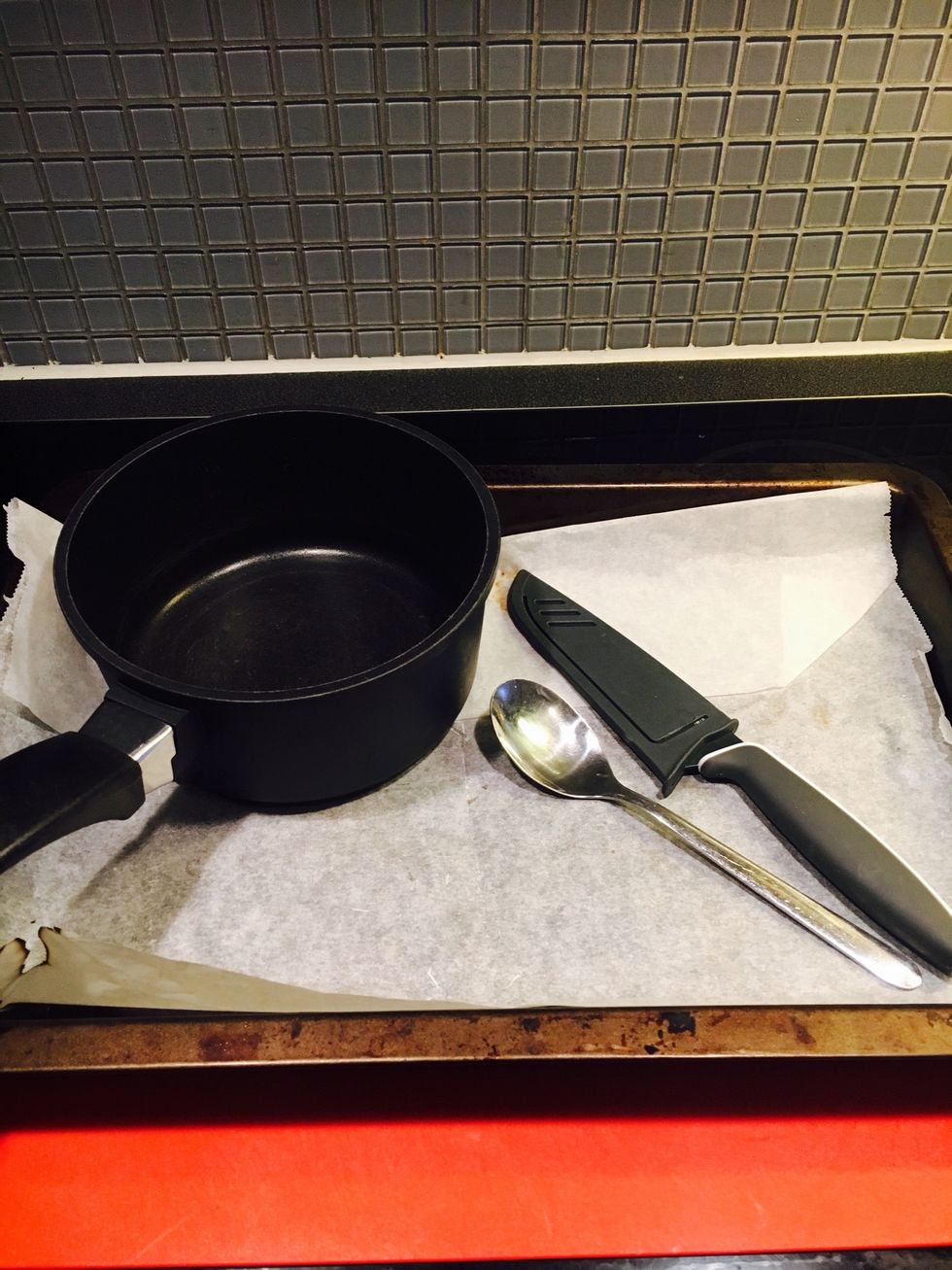 Tools: boiler, spatula, chopping knife, tablespoon, chopping board, lined baking tray