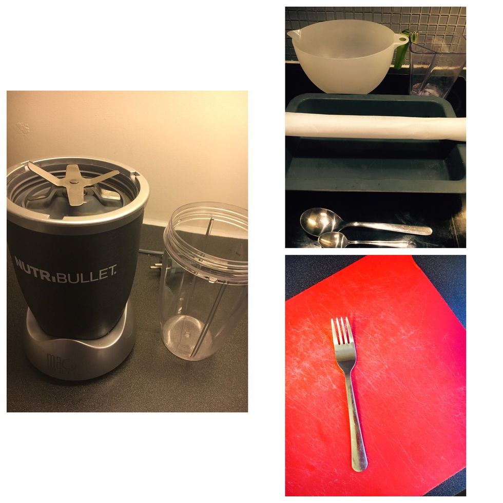 Tools: bowl , blender, fork, knife, baking tray, tablespoon, teaspoon, baking paper, measuring jug/cups.